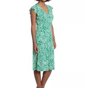 London Times Green White Floral Leaf V-Neck Ruffle Sleeve Midi Dress 16W Plus‎